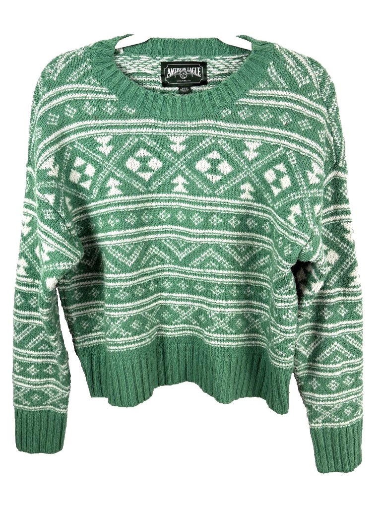 American Eagle Ae Fair Isle Snowdrift Crewneck Sweater Green White Size Medium M